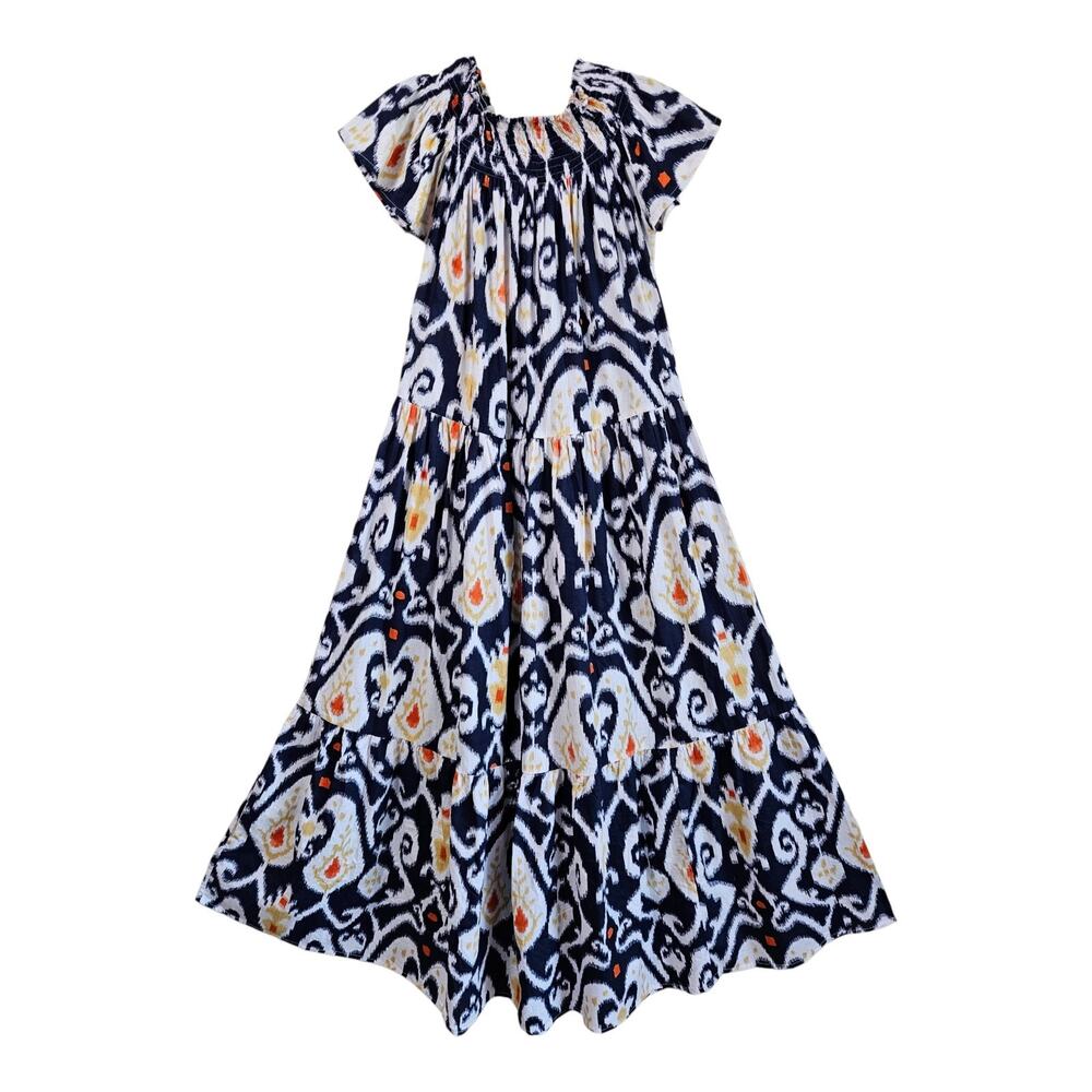 MER ST BART Women's 10 12 Geneviere Maxi Dress Ikat Pattern Tiered Smocked Neck - Picture 2 of 7